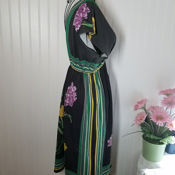 Floral Print Empire Waist Plunge Neckline Dress M - Picture 2 of 8